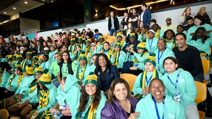 BRISBANE, AUSTRALIA - AUGUST 07: FIFA Secretary General Fatma Samoura with Indigenous kids from Western Australia, Northern Territory and Queensland duing the FIFA Women's World Cup Australia & New Zealand 2023 Round of 16 match between England and Nigeria at Brisbane Stadium on August 07, 2023 in Brisbane / Meaanjin, Australia. (Photo by Matt Roberts - FIFA/FIFA via Getty Images)