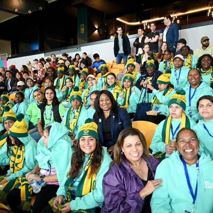 BRISBANE, AUSTRALIA - AUGUST 07: FIFA Secretary General Fatma Samoura with Indigenous kids from Western Australia, Northern Territory and Queensland duing the FIFA Women's World Cup Australia & New Zealand 2023 Round of 16 match between England and Nigeria at Brisbane Stadium on August 07, 2023 in Brisbane / Meaanjin, Australia. (Photo by Matt Roberts - FIFA/FIFA via Getty Images)