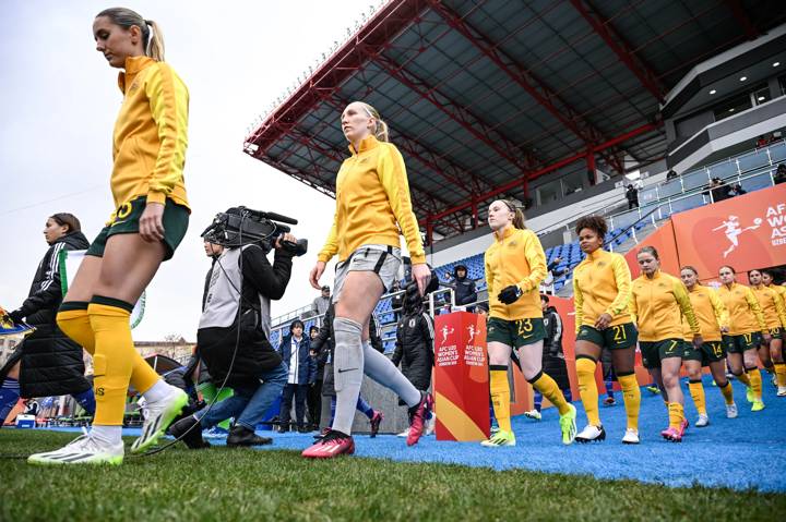 Australia enter the field for their 2024 AFC U-20 Women's Championship semi-final against Japan.