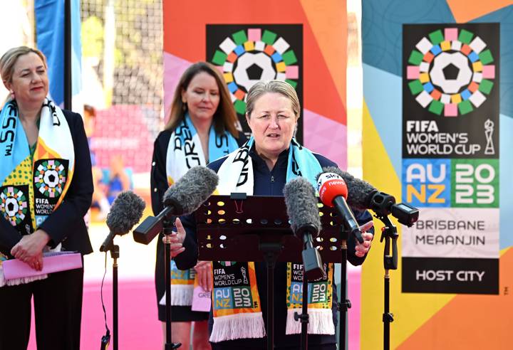 BRISBANE, AUSTRALIA - APRIL 11: Technical Director of Women's Football, Rae Dower, speaks during a FIFA Women's World Cup 2023 Unity Pitch celebration, as today marks 100 days to go until the World Cup begins, at King George Square on April 11, 2023 in Brisbane, Australia. (Photo by Bradley Kanaris - FIFA/FIFA via Getty Images)