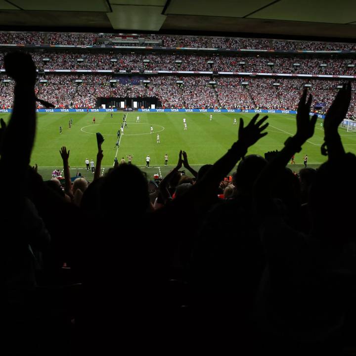 LONDON, ENGLAND - JULY 31: A general view as fans, silhouetted, celebrate after the final whistle is blown during the UEFA Women's Euro 2022 final match between England and Germany at Wembley Stadium on July 31, 2022 in London, England. (Photo by Alex Livesey - UEFA/UEFA via Getty Images)