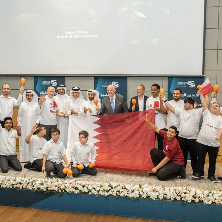 DOHA, QATAR - NOVEMBER 06: Supreme Committee for Delivery & Legacy (SC) Secretary General H.E. Hassan Al Thawadi, FIFA President Gianni Infantino and FIFA Chief Tournaments & Events Officer Colin Smith during a FIFA World Cup Qatar 2022 special event to showcase the accessibility features of the tournament at Qatar Foundation on November 6, 2022 in Doha, Qatar. (Photo by Serhat Akin/FIFA)