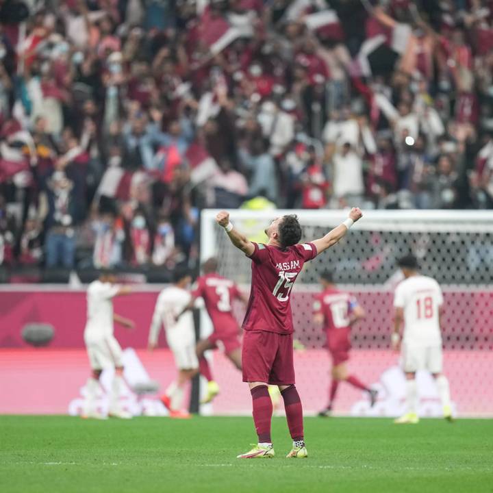 Qatar's Basham Hisham celebrates during the FIFA Arab Cup quarter-final against United Arab Emirates.