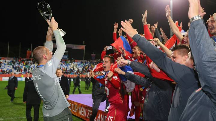 Predrag Rajkovic the captain of Serbia lifts the FIFA U-20 World Cup 