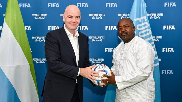 PARIS, FRANCE - FEBRUARY 27: FIFA President Gianni Infantino during meeting with Sierra Leone Football Association President Thomas Brima (R) at FIFA Paris Office on February 27, 2023 in Paris, France. (Photo by Harold Cunningham/FIFA)