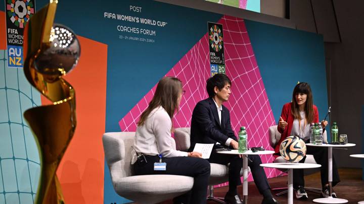 ZURICH, SWITZERLAND - JANUARY 23: (L-R) FIFA Senior Technical Development Manager Belinda Wilson, Japan women's national football team Head Coach Futoshi Ikeda and Blanca Romero during the Post FIFA Women's World Cup Coaches Forum at HoF, Home of FIFA on January 23, 2024 in Zurich, Switzerland. (Photo by Harold Cunningham/FIFA)