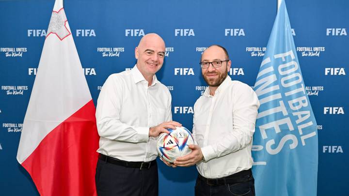 PARIS, FRANCE - FEBRUARY 27: FIFA President Gianni Infantino during a meeting with Malta Football Association President Bjorn Vassallo (R) at FIFA Paris Office on February 27, 2023 in Paris, France. (Photo by Harold Cunningham/FIFA)