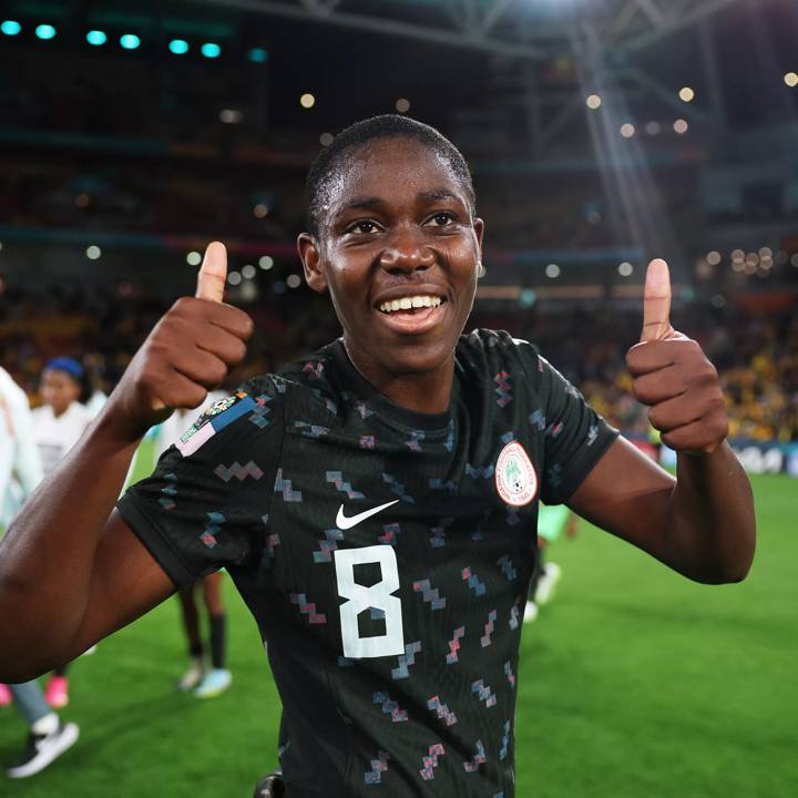 BRISBANE, AUSTRALIA - JULY 27: Asisat Oshoala of Nigeria celebrates victory after the FIFA Women's World Cup Australia & New Zealand 2023 Group B match between Australia and Nigeria at Brisbane Stadium on July 27, 2023 in Brisbane / Meaanjin, Australia. (Photo by Elsa - FIFA/FIFA via Getty Images)