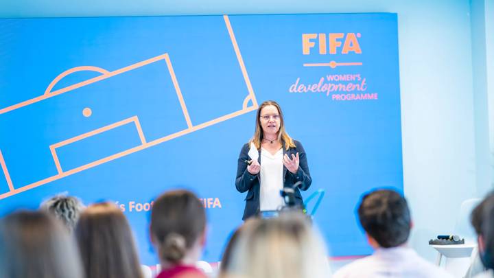 FIFA's Belinda Wilson  speaks at the Women in Sport Conference in Riga, Latvia