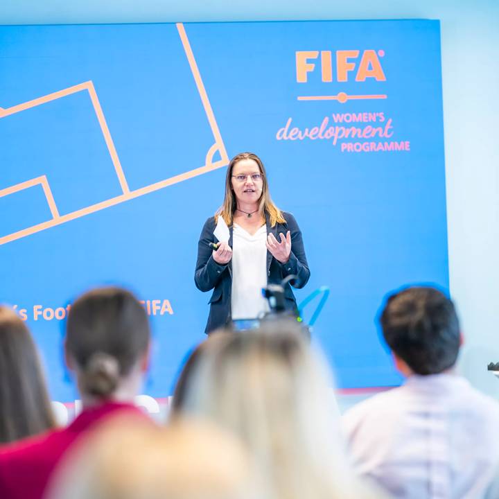 FIFA's Belinda Wilson  speaks at the Women in Sport Conference in Riga, Latvia