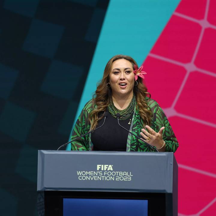 SYDNEY, AUSTRALIA - AUGUST 19: FIFA Chief Women's Football Officer Sarai Bareman delivers keynote speech - Positive Impact of the FIFA Women's World Cup during the FIFA Women's Football Convention at the International Convention Centre, Darling Harbour on August 19, 2023 in Sydney / Gadigal, Australia. (Photo by Maja Hitij - FIFA/FIFA via Getty Images)