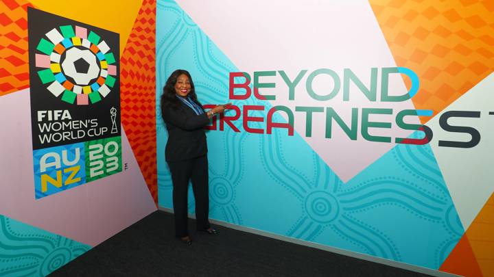 SYDNEY, AUSTRALIA - APRIL 28: FIFA General Secretary Fatma Samoura visits the office of Football Australia at Barangraroo as part of a FIFA Women's World Cup 2023 host city tour on April 28, 2022 in Sydney, Australia. (Photo by Mark Metcalfe/FIFA via Getty Images )