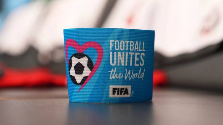 JAKARTA, INDONESIA - NOVEMBER 14: A detailed view of the 'Football Unites The World' captains armband in the dressing room prior to the FIFA U-17 World Cup Group C match between Brazil and New Caledonia at Jakarta International Stadium on November 14, 2023 in Jakarta, Indonesia. (Photo by Alex Caparros - FIFA/FIFA via Getty Images)