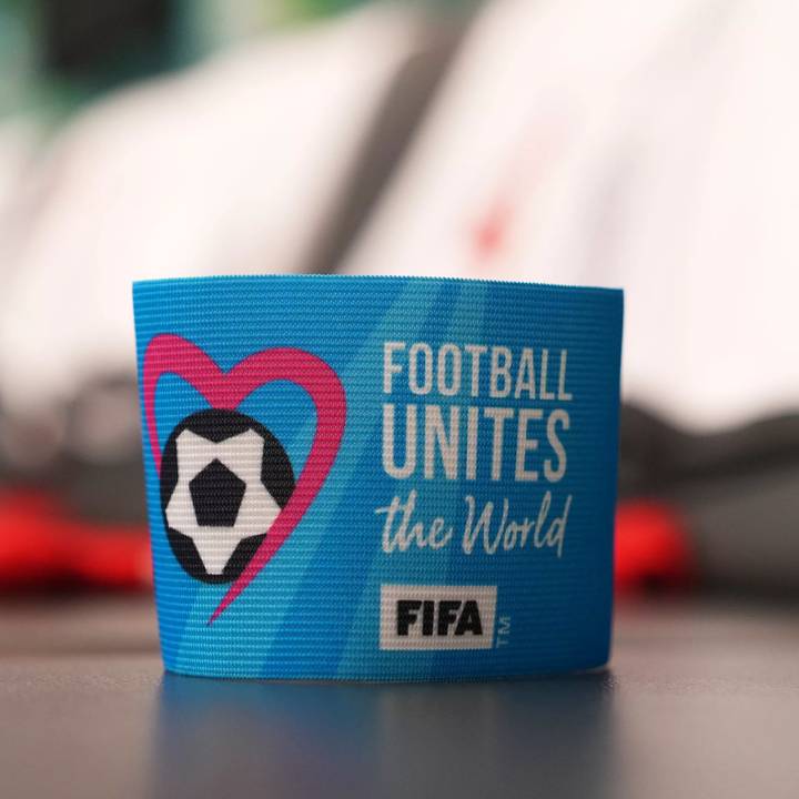 JAKARTA, INDONESIA - NOVEMBER 14: A detailed view of the 'Football Unites The World' captains armband in the dressing room prior to the FIFA U-17 World Cup Group C match between Brazil and New Caledonia at Jakarta International Stadium on November 14, 2023 in Jakarta, Indonesia. (Photo by Alex Caparros - FIFA/FIFA via Getty Images)