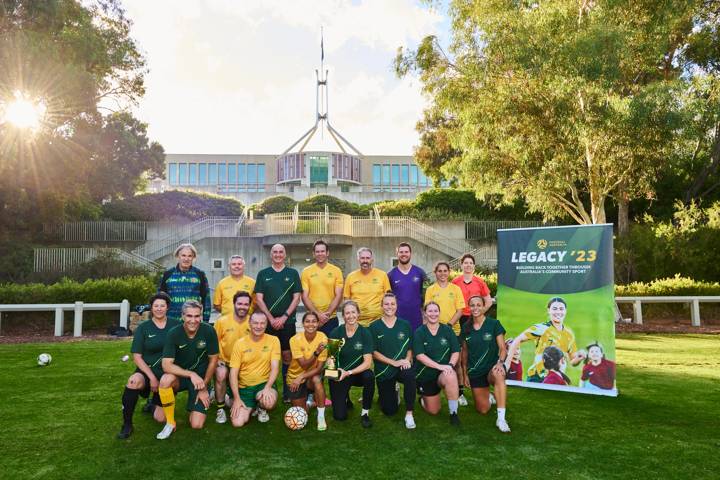 Legacy '23 Football Tournament group photo, taken at the Senate Oval in Canberra