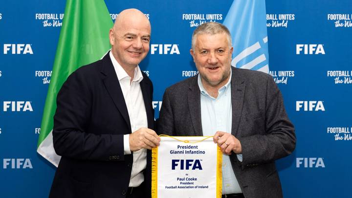 PARIS, FRANCE - FEBRUARY 7: FIFA President Gianni Infantino with  The Football Association of Ireland President Paul Cooke during a FIFA Meeting with The Football Association of Ireland at FIFA Paris Office on February 7, 2024 in Paris, France. (Photo by Léo-Paul Ridet/FIFA)