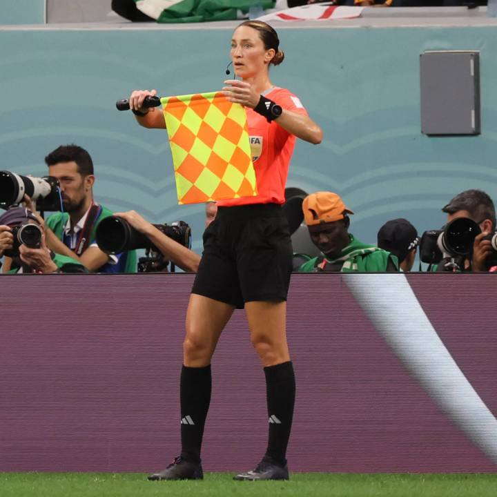 US assistant referee Kathryn Nesbitt gestures from the touchline during the Qatar 2022 World Cup round of 16 football match between England and Senegal at the Al-Bayt Stadium in Al Khor, north of Doha on December 4, 2022.