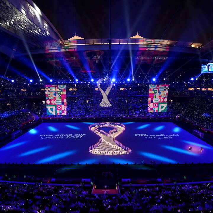 AL KHOR, QATAR - NOVEMBER 30: General view inside the stadium during the opening ceremony prior to the FIFA Arab Cup Qatar 2021 Group A match between Qatar and Bahrain at Al Bayt Stadium on November 30, 2021 in Al Khor, Qatar. (Photo by Michael Regan - FIFA/FIFA via Getty Images)