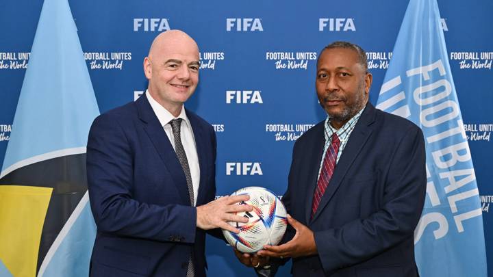 PARIS, FRANCE - FEBRUARY 28: FIFA President Gianni Infantino during a meeting with The St Lucia Football Association President Lyndon Cooper (R) at FIFA Paris Office on February 28, 2023 in Paris, France. (Photo by Harold Cunningham/FIFA)