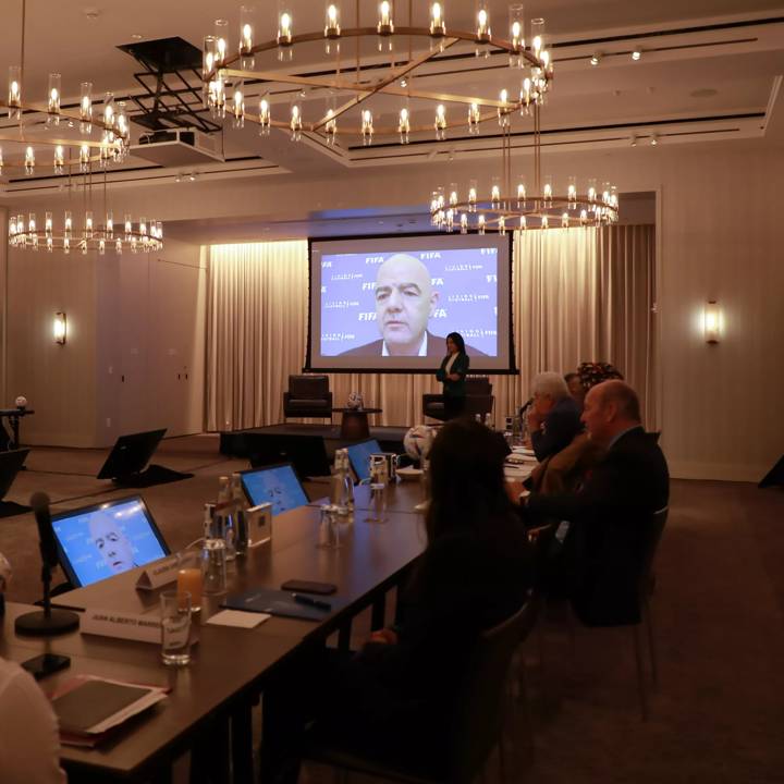 NEW YORK, NY - SEPTEMBER 16: FIFA President Gianni Infantino on screen during Day 3 of the FIFA Diploma in Club Management on September 16, 2022 in New York, New York. (Photo by Jason Mendez - FIFA/FIFA via Getty Images)