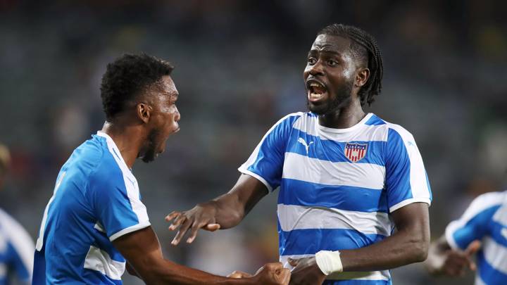 Mohammed Sangare of Liberia celebrates goal with teammates during the 2023 African Cup of Nations Qualifiers match between South Africa and Liberia at the Orlando Stadium, Soweto on the 24 March 2023 ©Muzi Ntombela/BackpagePix