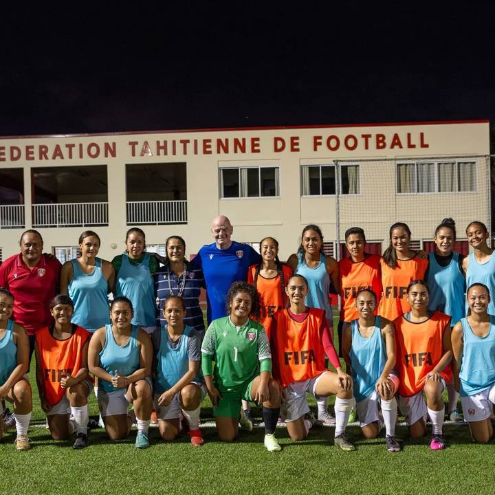 TAHITI - JULY 27: FIFA President Gianni Infantino poses for a photo with the Tahiti Women's National team during the Legends Match in Tahiti on July 27, 2023 in Tahiti. (Photo by Christophe Fotozz)