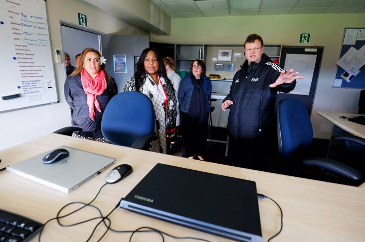 Chief Women's Football Officer for FIFA, Sarai Bareman, FIFA Secretary-General Fatma Samoura, NZ Football President Johanna Wood, and Wellington Regional Stadium Venue General Manager, Graeme Davidson, during a visit to Wellington Regional Stadium o