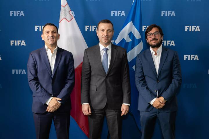 Director Member Associations Europe Elkhan Mammadov poses for a photo with Malta Football Association General Secretary Angelo Chetcuti and Malta Football Association Deputy Treasurer Kurt Loporto