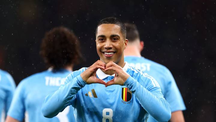 Youri Tielemans of Belgium celebrates scoring his team's first goal during the international friendly match between England and Belgium at Wembley Stadium on March 26, 2024 in London, England.