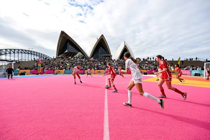 A view of the action during the Beyond Greatness™ Community Football Tournament at Unity Pitch, Sydney Opera House