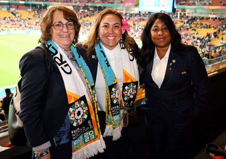 FIFA Secretary General Fatma Samoura (R) with FIFA Council Member and New Zealand Football President Johanna Wood (L) and FIFA Chief Women's Football Officer Sarai Bareman (C)