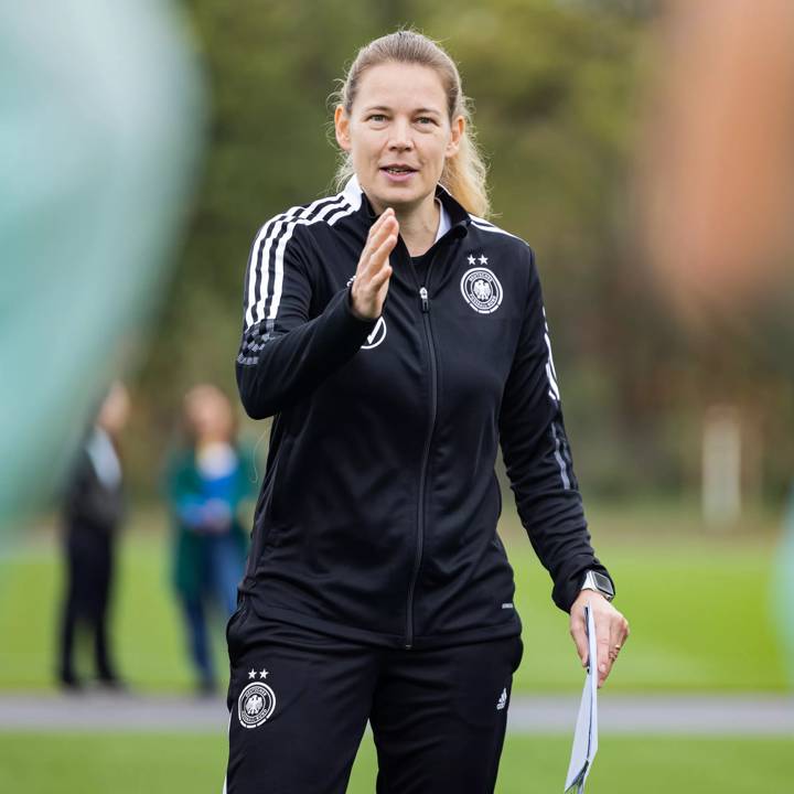 FRANKFURT AM MAIN, GERMANY - OCTOBER 18: Kathrin Peter, head coach of the WomenÕs U-19 national team, is seen during a training session at the FIFA Forward Programme new DFB campus on October 18, 2022 in Frankfurt am Main, Germany. (Photo by Simon Hofmann - FIFA/FIFA via Getty Images)