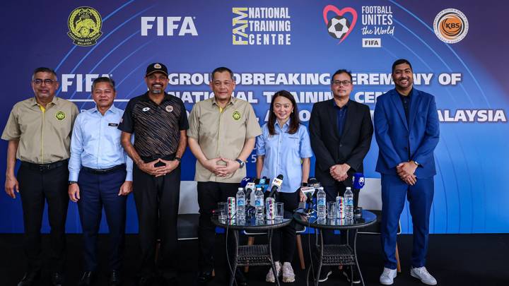 PUTRAJAYA, MALAYSIA - JUNE 26: (from 4th L-R) Datuk Haji Hamidin Bin Haji Mohd Amin, FIFA Council Member and FAM (Football Association of Malaysia), Madam Hannah Yeoh, Minister of Youth and Sports Malaysia, and Sanjeevan Balasingam, FIFA Member Association Asia and Oceania Regional Director pose for a photo after a press conference during the FIFA Groundbreaking Ceremony at the National Training Centre on June 26, 2024 in Putrajaya, Malaysia. (Photo by Annice Lyn - FIFA/FIFA via Getty Images)