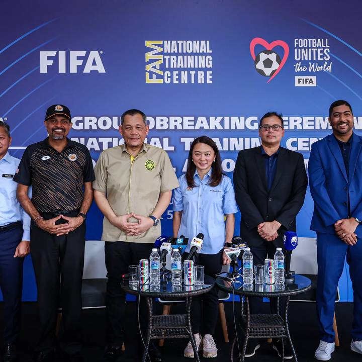 PUTRAJAYA, MALAYSIA - JUNE 26: (from 4th L-R) Datuk Haji Hamidin Bin Haji Mohd Amin, FIFA Council Member and FAM (Football Association of Malaysia), Madam Hannah Yeoh, Minister of Youth and Sports Malaysia, and Sanjeevan Balasingam, FIFA Member Association Asia and Oceania Regional Director pose for a photo after a press conference during the FIFA Groundbreaking Ceremony at the National Training Centre on June 26, 2024 in Putrajaya, Malaysia. (Photo by Annice Lyn - FIFA/FIFA via Getty Images)