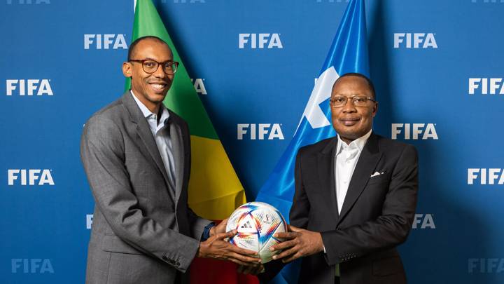 FRANCE, PARIS - JULY 8: Congolese Football Federation President Jean Guy Blaise Mayolas (R) and FIFA Chief Member Associations Officer Kenny Jean-Marie during a meeting at FIFA Paris Offices on July 8, 2022 in Paris, France. (Photo by Léo-Paul Ridet/FIFA)