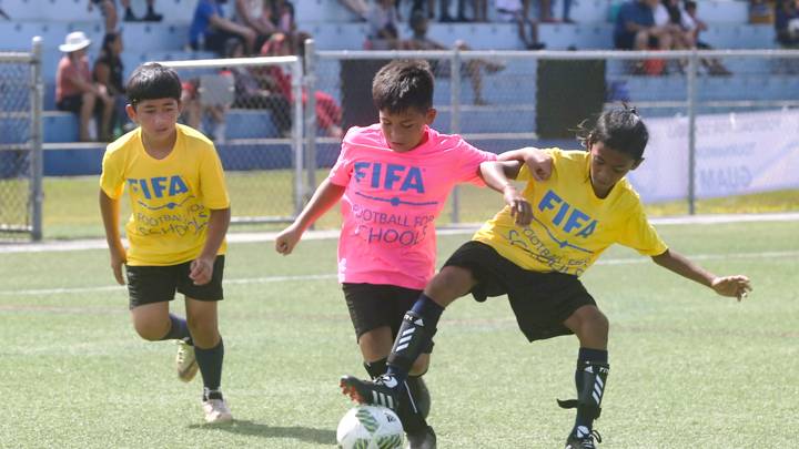 HARMON, GUAM – MAY 07: Merizo Martyrs Memorial School and Inarajan Elementary School teams play a match during the FIFA Football 4 Schools Festival Jamboree at the Guam Football Association National Training Center on May 7, 2022 in Harmon, Guam. (Photo by Samantha Bautista/Guam Football Association)