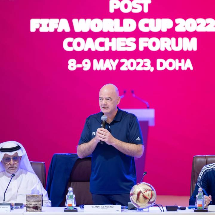 DOHA, QATAR - MAY 08: FIFA President Gianni Infantino speaks during the Post FIFA World Cup Qatar 2022  Coaches Forum on May 08, 2023 in Doha, Qatar. (Photo by Harold Cunningham/FIFA)