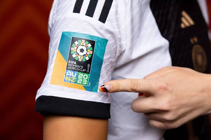 A detailed view of the FIFA Women's World Cup Australia & New Zealand 2023 logo on the shirt of Germany