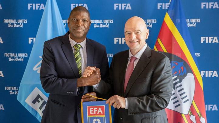 PARIS, FRANCE - JULY 31: FIFA President Gianni Infantino is presented with pennant Eswatini Football Association Peter Simelane during a meeting between FIFA and the Eswatini Football Association at FIFA's Paris office on July 31, 2024 in Paris, France. (Photo by Léo-Paul Ridet/FIFA)