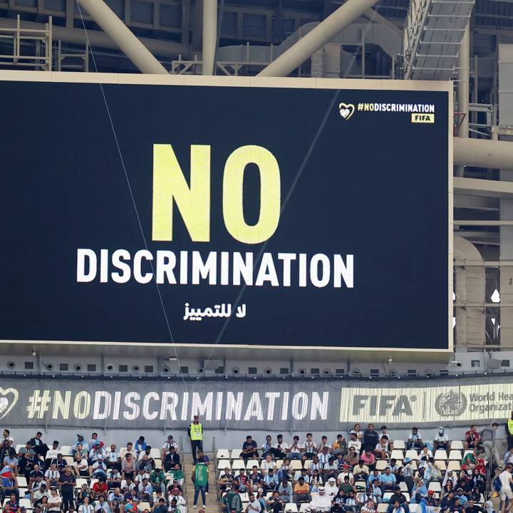 LUSAIL CITY, QATAR - NOVEMBER 22: The LED board shows the 'No Discrimination' message at half time during the FIFA World Cup Qatar 2022 Group C match between Argentina and Saudi Arabia at Lusail Stadium on November 22, 2022 in Lusail City, Qatar. (Photo by Catherine Ivill/Getty Images)