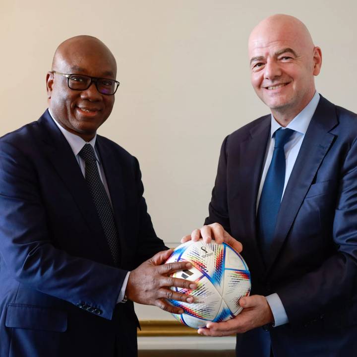 PARIS, FRANCE – May 26: FIFA President Gianni Infantino (R) with Côte D'Ivoire Football Federation President Yacine Diallo during FIFA President Gianni Infantino visit to Paris Office on May 26, 2022 in Paris, France. (Photo by Julien Hekimian/FIFA)