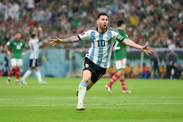 Lionel Messi of Argentina celebrates scoring their team's first goal