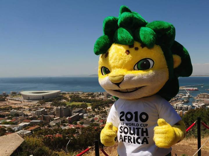 World Cup mascot Zakumi poses in front of the Green Point stadium at a Mayoral reception on Signal Hill 