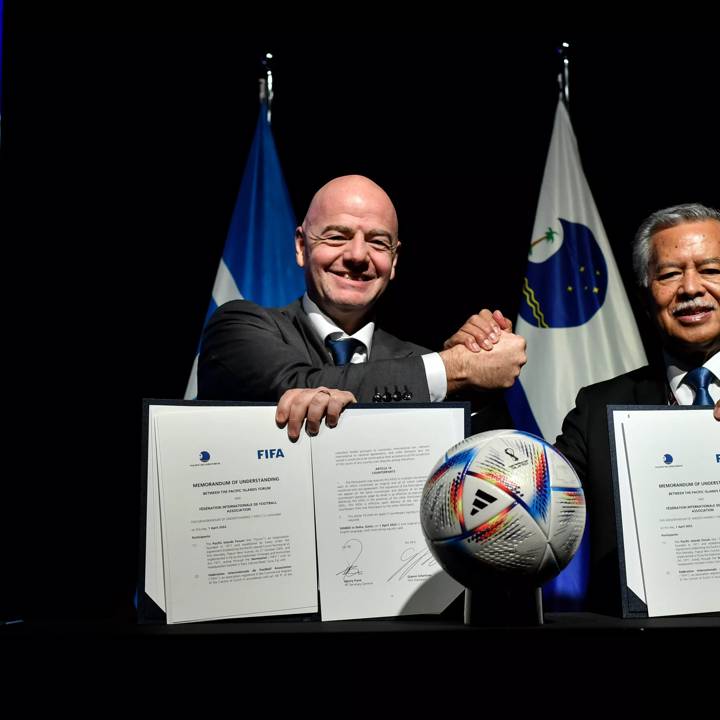 DOHA, QATAR - APRIL 1: FIFA President Gianni Infantino (L) with Secretary General of Pacific Islands Forum Mr.Henry Puna during the FIFA Asia-Pacific Islands Forum  MoU signing at the Sheraton on April 1, 2022 in Doha, Qatar. (Photo by Harold Cunningham/FIFA)