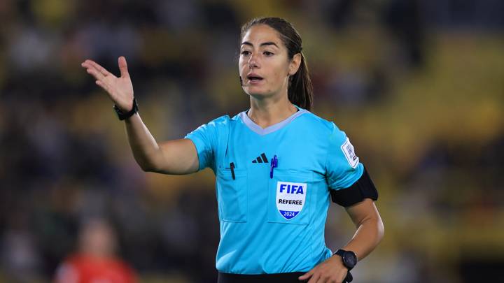 BOGOTA, COLOMBIA - SEPTEMBER 06: Referee Maria Sole Ferrieri gestures during the FIFA U-20 Women's World Cup Colombia 2024 match between Canada and Brazil at Estadio El Campin on September 06, 2024 in Bogota, Colombia.  (Photo by Buda Mendes - FIFA/FIFA via Getty Images)