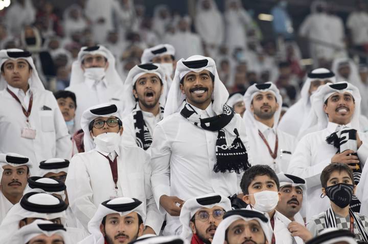 Fans cheer during the Amir Cup Final 2021 at Al Thumama Stadium.