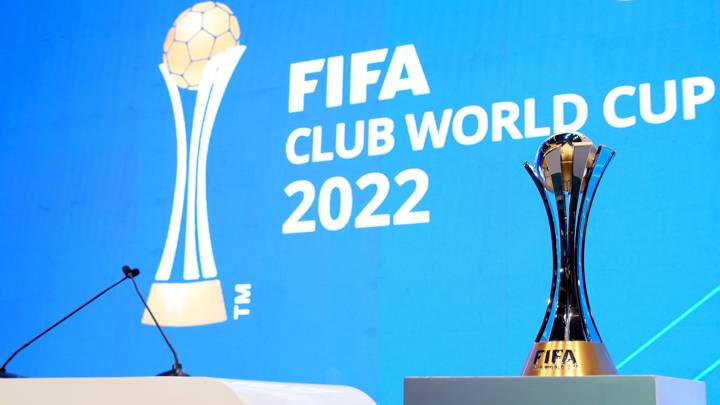 The FIFA Club World Cup Trophy is seen on the stage prior to the during the FIFA Club World Cup Morocco 2022 