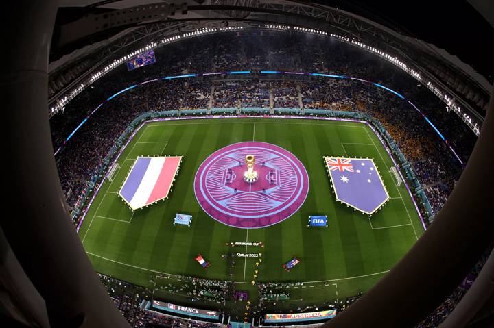 AL WAKRAH, QATAR - NOVEMBER 22: France and Australia players line up prior to the FIFA World Cup Qatar 2022 Group D match between France and Australia at Al Janoub Stadium on November 22, 2022 in Al Wakrah, Qatar. (Photo by Ryan Pierse/Getty Images)