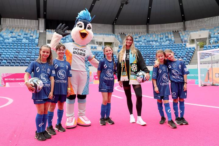 FIFA Freestyler Lia Lewis and young players at the Trophy Tour and Unity Pitch event, Melbourne