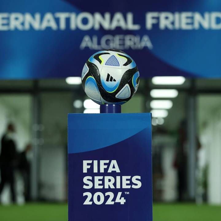 ANNABA, ALGERIA - MARCH 25: A detailed view of the adidas match ball on the FIFA series plinth prior to the FIFA Series 2024 Algeria match between Bolivia and Andorra at Stade 19 Mai 1956 on March 25, 2024 in Annaba, Algeria. (Photo by Richard Pelham - FIFA/FIFA via Getty Images)